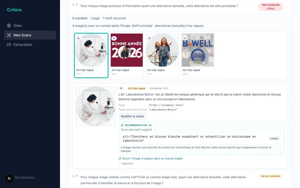 Navigateur de preuves images : grille de vignettes, détail du constat et recommandation IA